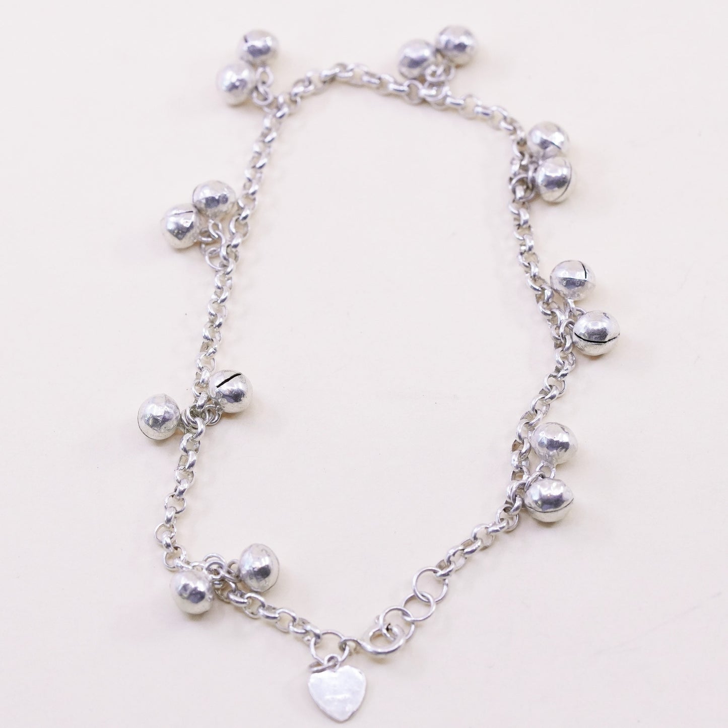 9.5”, Sterling Silver Bracelet, 925 belly dancer chain anklet chime bell charms