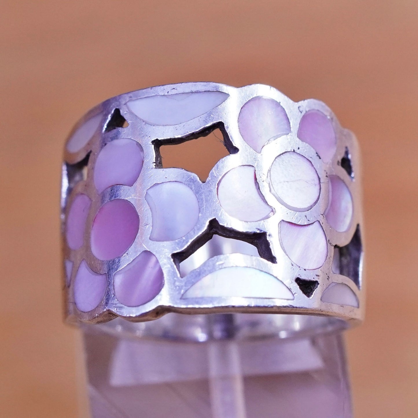 Size 6.5, Vintage Sterling silver handmade ring, 925 band with pink flower