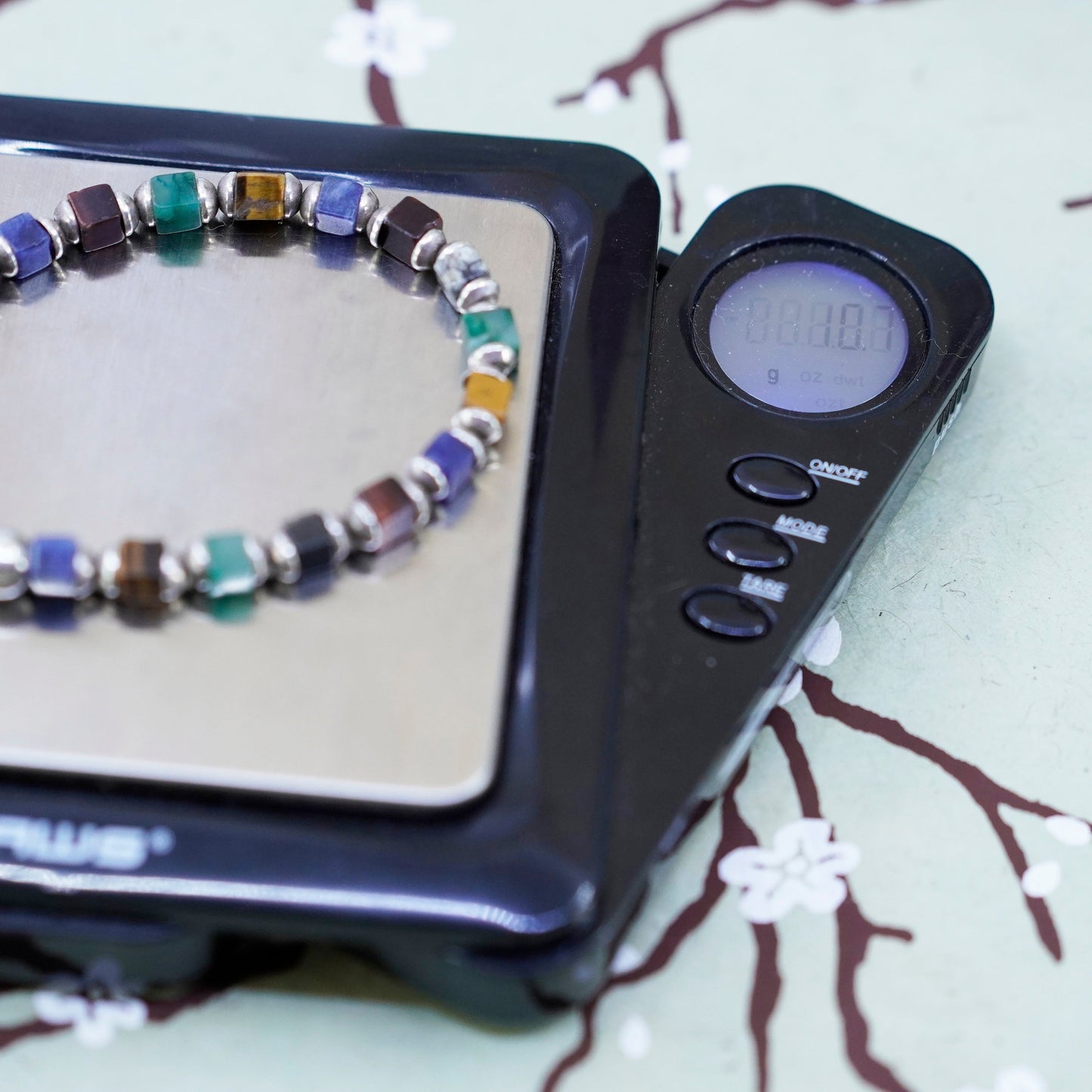 7”, sterling 925 silver bracelet, colorful tiger eye jade sodalite onyx beads
