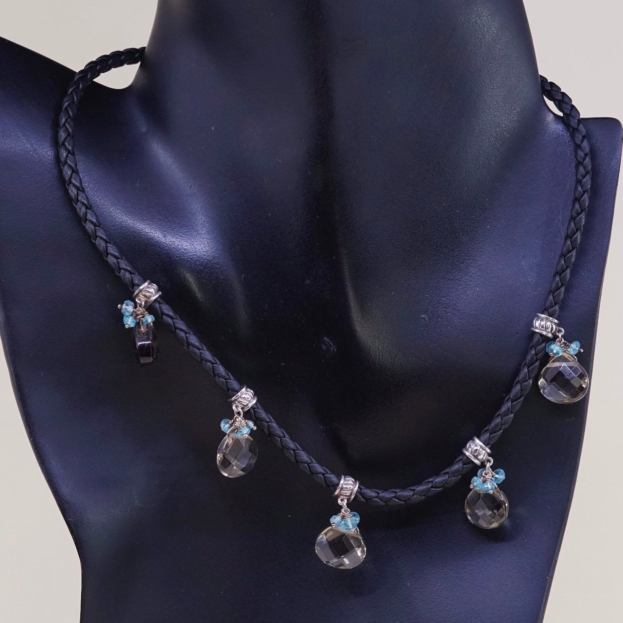 16", sterling silver choker collar necklace w/ leather Teardrop topaz charm