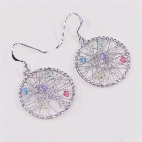 Vtg Handmade Wired 925 Sterling Silver Dangle Earrings W/ Crystal Details