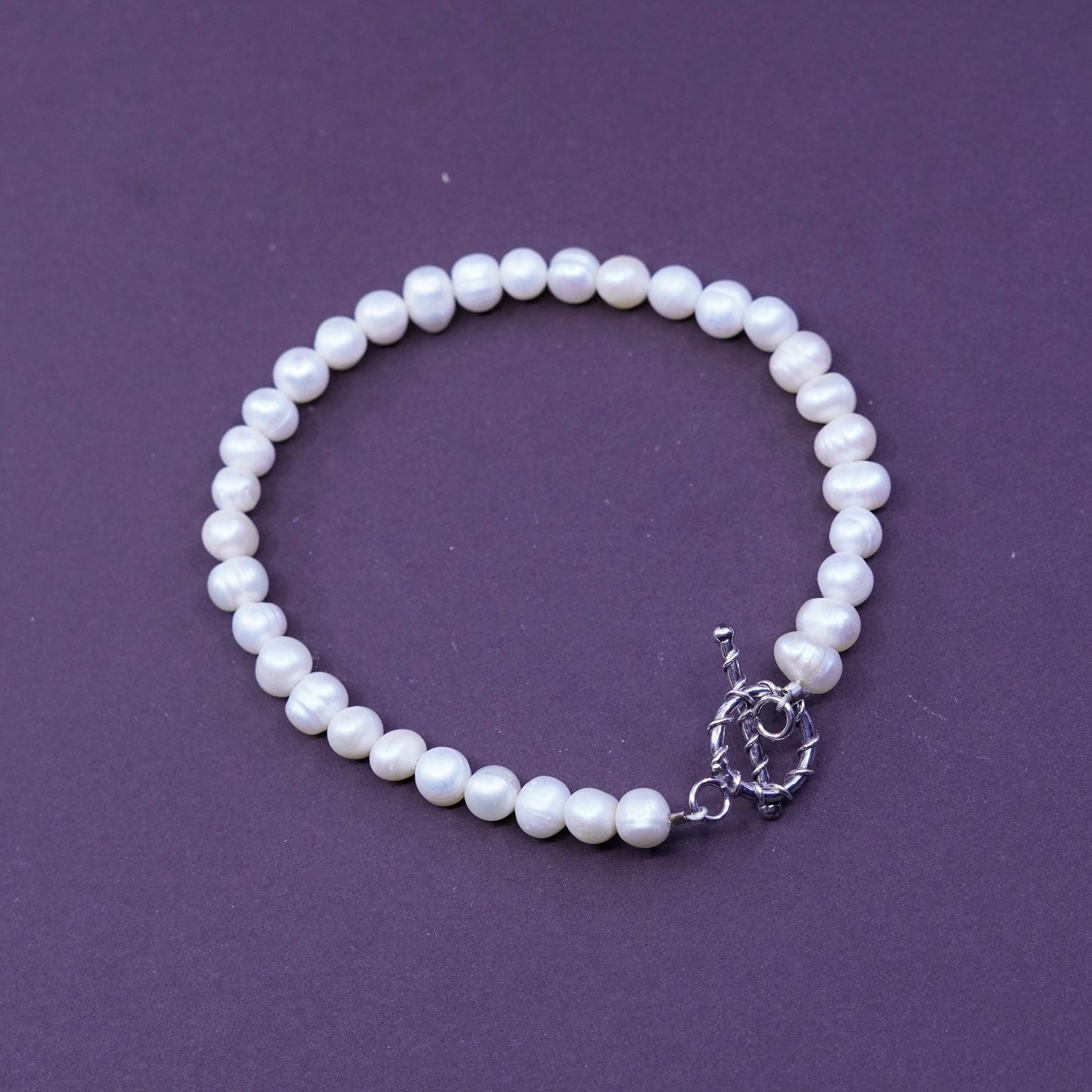 8.25” 4-5mm, Vintage handmade pearl bracelet with sterling 925 silver toggle