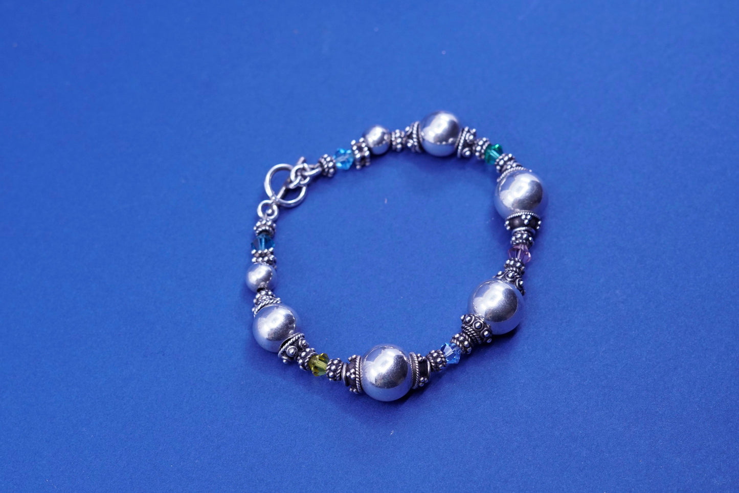 7.75”, vintage sterling 925 silver handmade bracelet with crystal beads