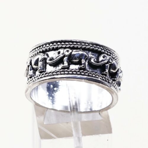 Sz 10, Vtg Sterling Silver Handmade Ring 925 Silver Band W/ Elephant Embossed
