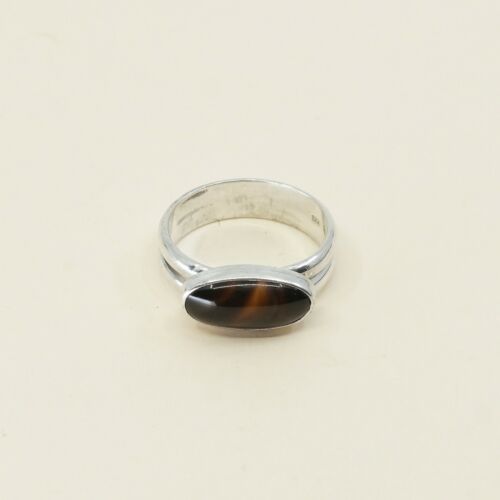 Sz 7, Orangle Amber Oval Cabochon Sterling Silver Solitaire Ring, Stamped 925