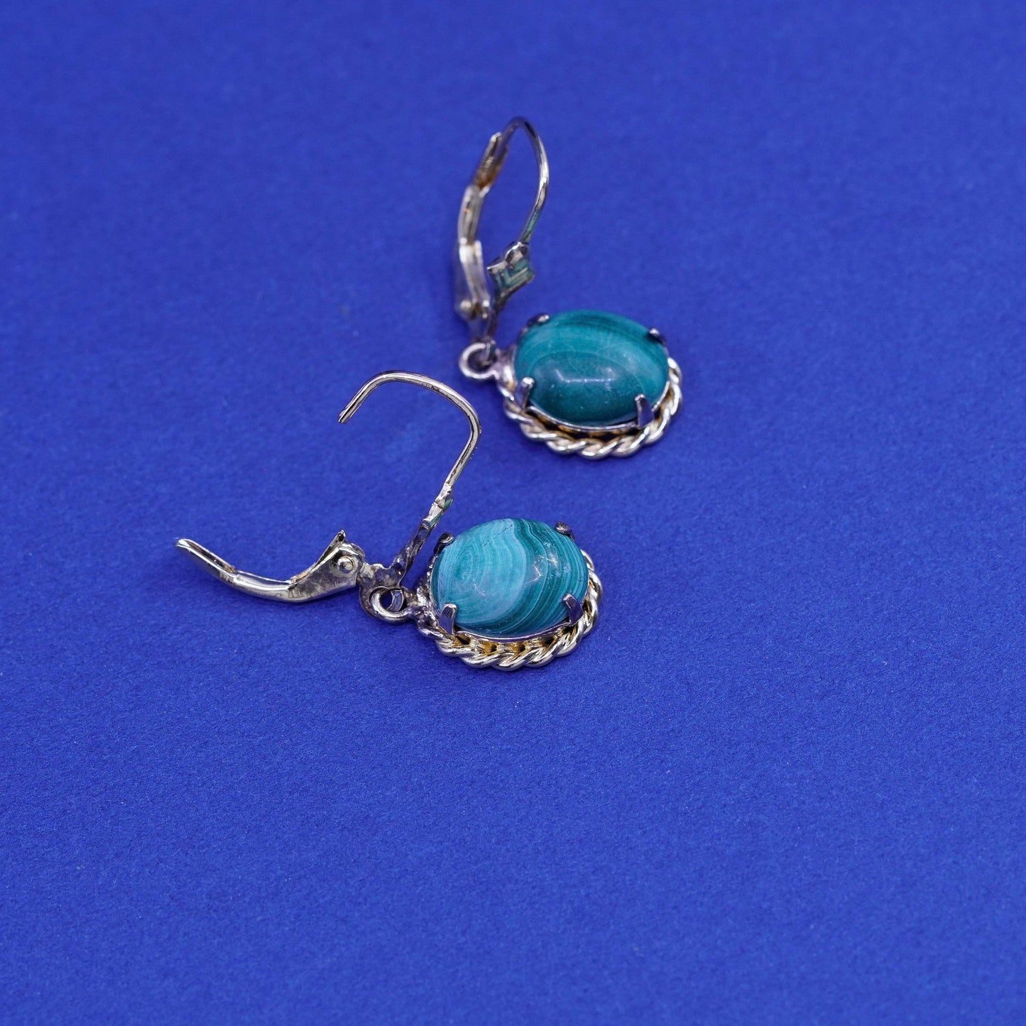 vermeil gold over sterling silver handmade earrings, 925 dangles oval malachite