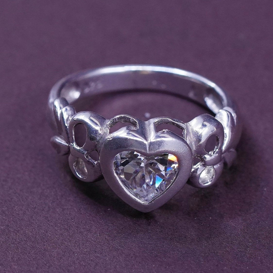 sz 7.25, vtg sterling silver engagement ring, clear crystal heart 925