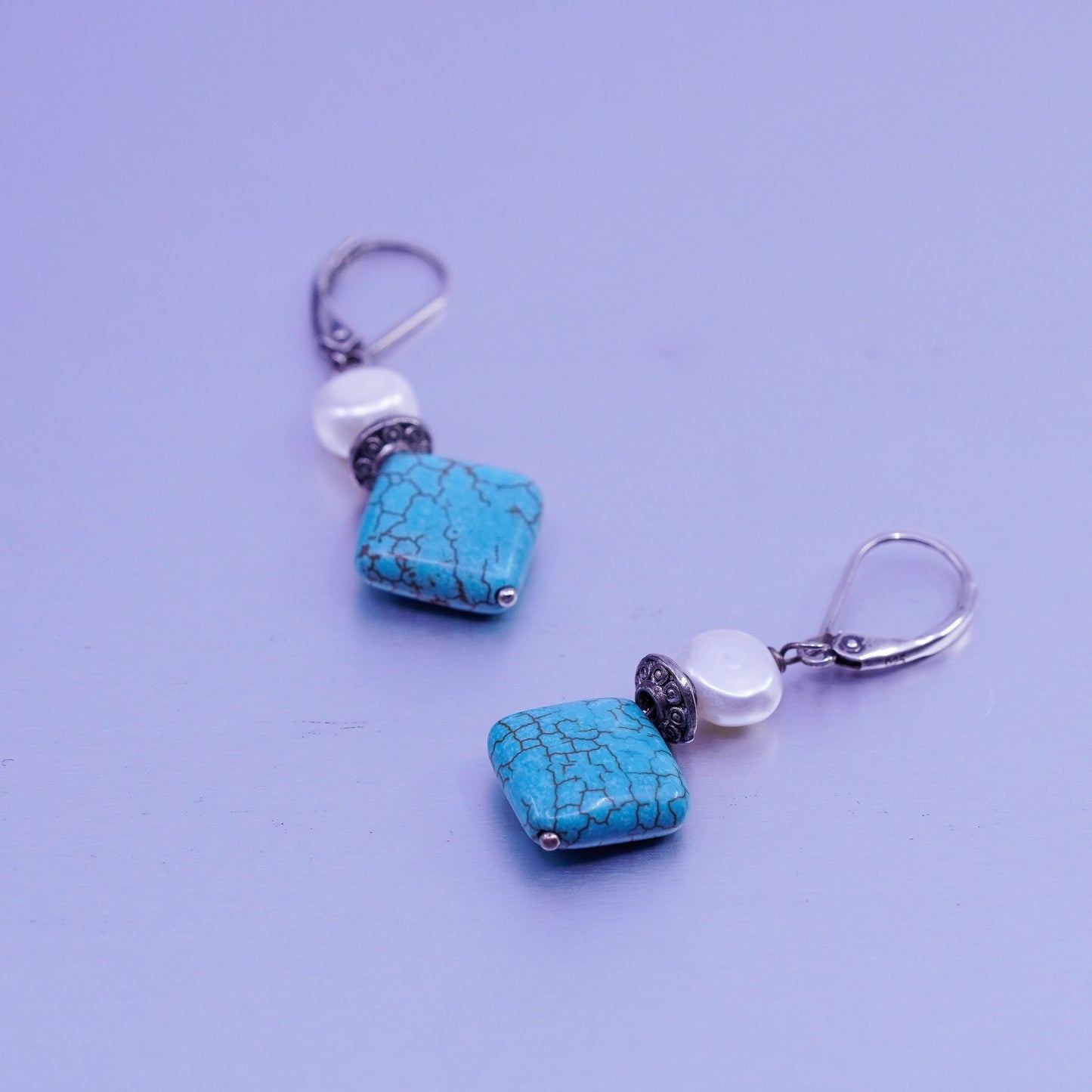 Vintage Sterling 925 silver handmade earrings with square turquoise and pearl