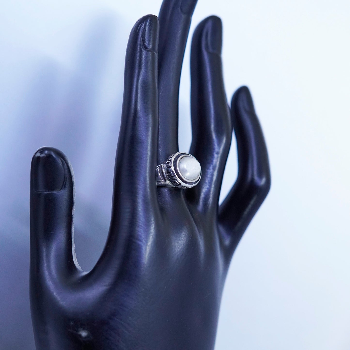 Size 5.5, vintage Sterling 925 silver handmade ring with faux pearl Greek key